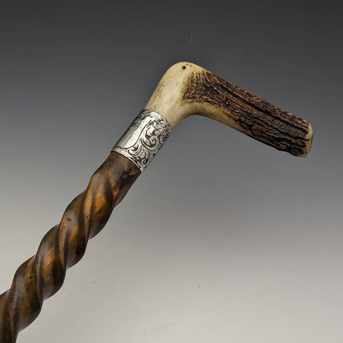 Around 1895 British Antique Men's Walking Stick Antler Clutch Handle Twist Shaft 85cm